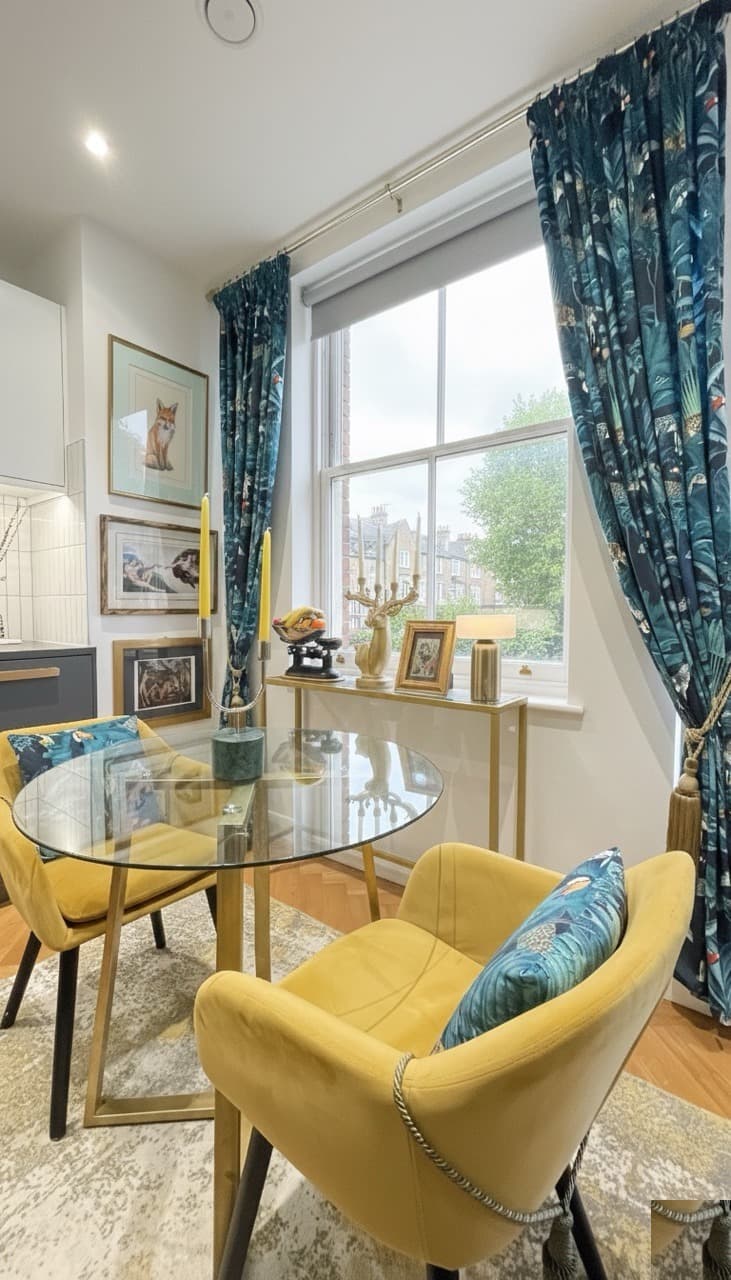Dining area with mustard velvet chairs and gold stag candelabra